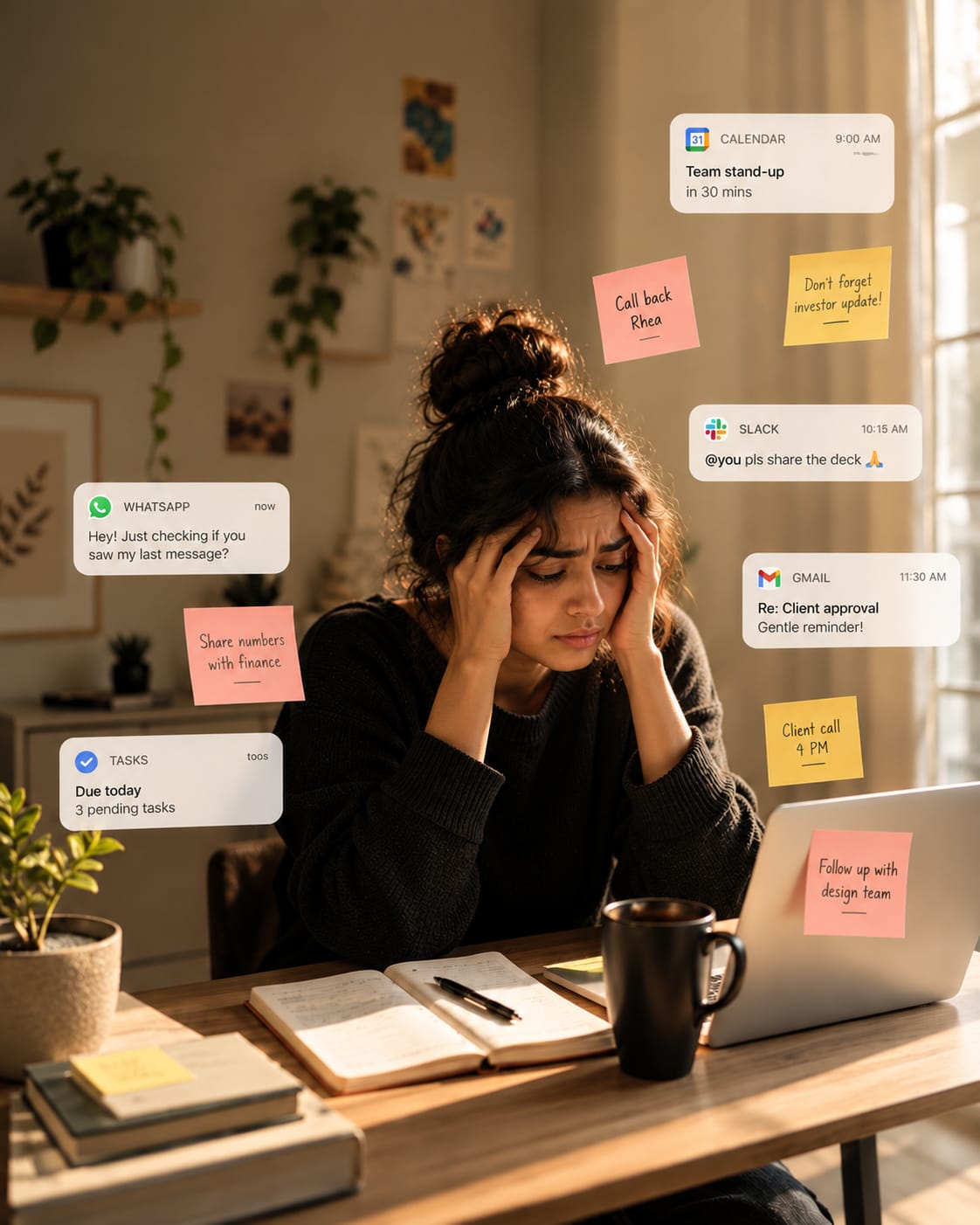 A person at their desk surrounded by work notifications