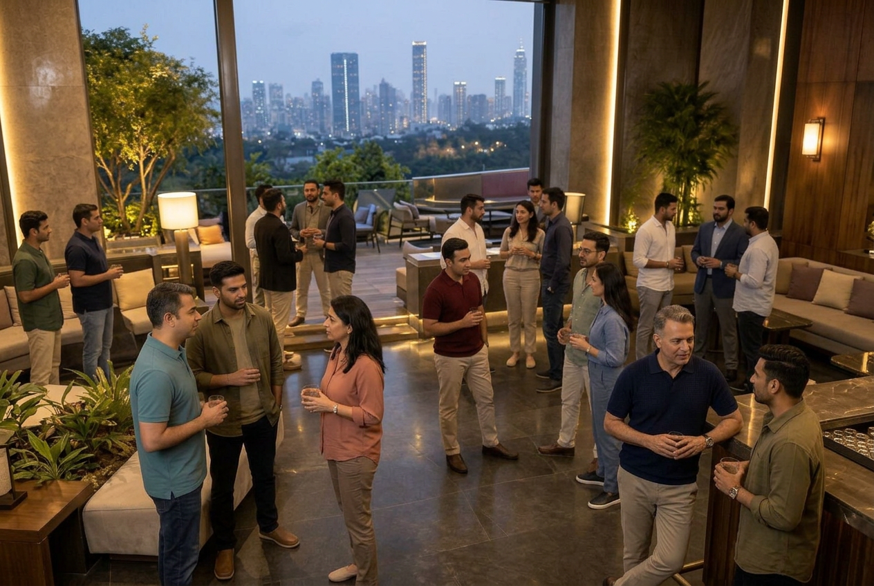Illustrative scene of founders standing and networking over drinks in a Mumbai lounge
