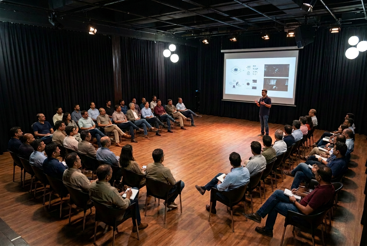 Illustrative session concept: a presenter beside a projection screen addressing founders in U-shaped seating inside a dark auditorium