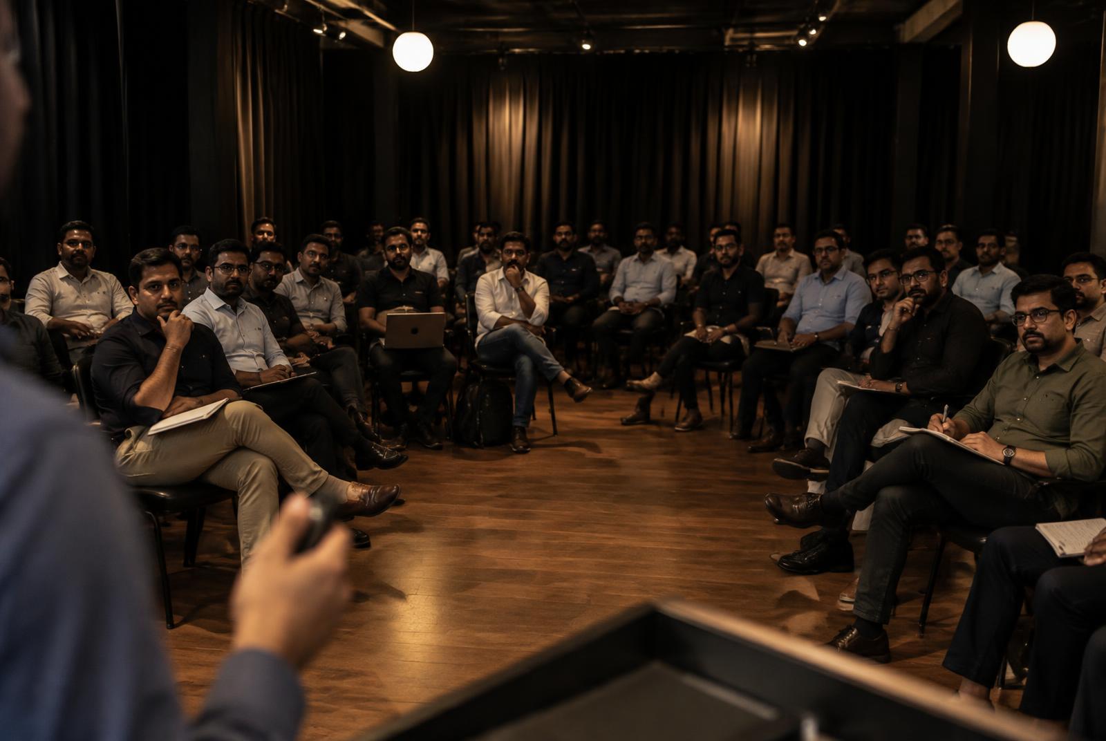 Illustrative view from the speaker's position: founders and operators seated in rows around the room, listening and taking notes