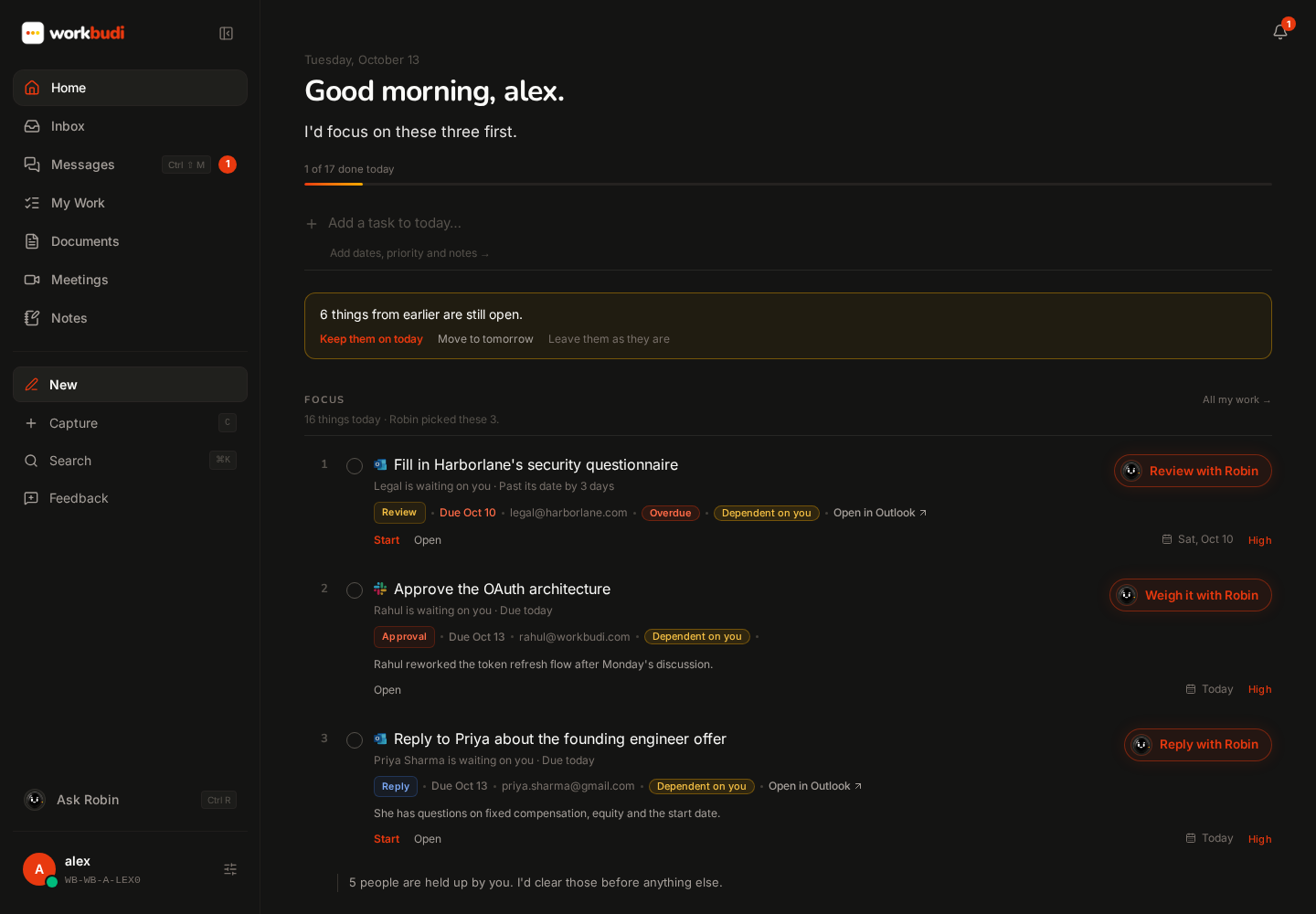 WorkBudi Home showing connected priorities, conversations and upcoming meetings