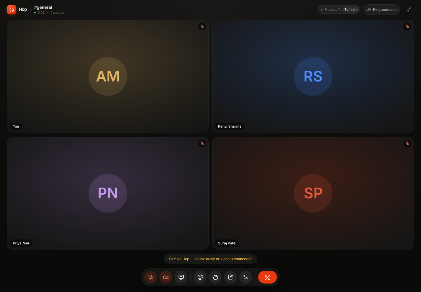 A WorkBudi Hop call room with four teammates
