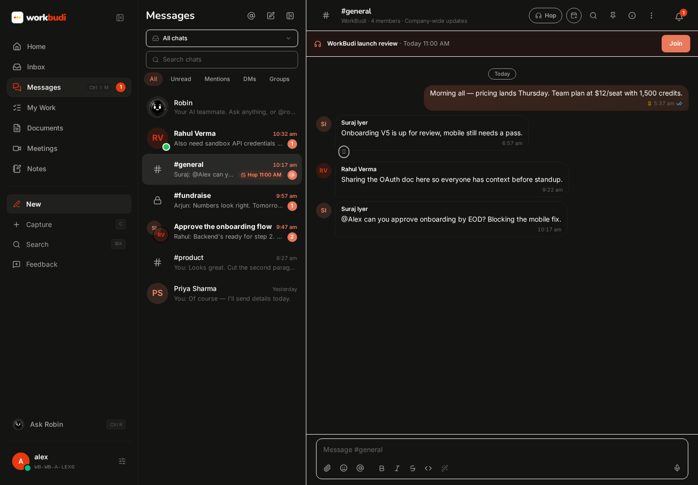 WorkBudi Messages screen